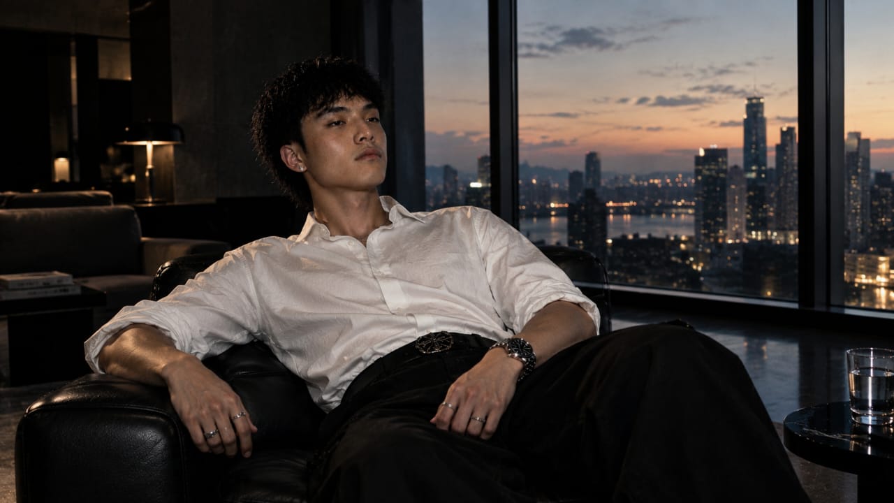 Kimchi in a white shirt reclining in a leather chair in a penthouse overlooking a city at dusk