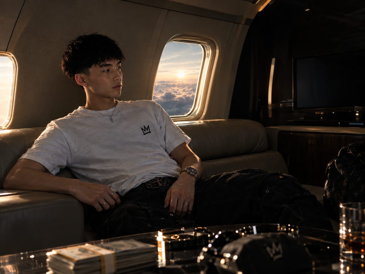 Kimchi in a white crown t-shirt seated in a cream leather private jet cabin at golden hour