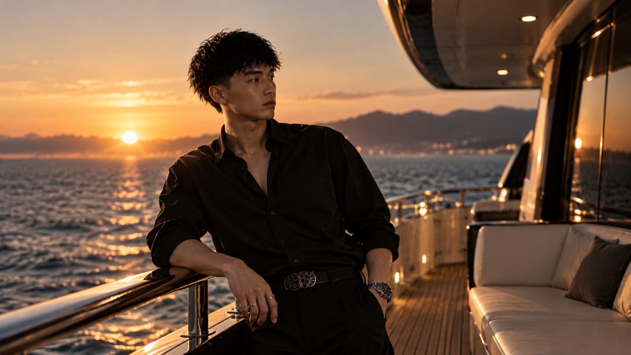 Kimchi in a black shirt leaning on a yacht railing at sunset