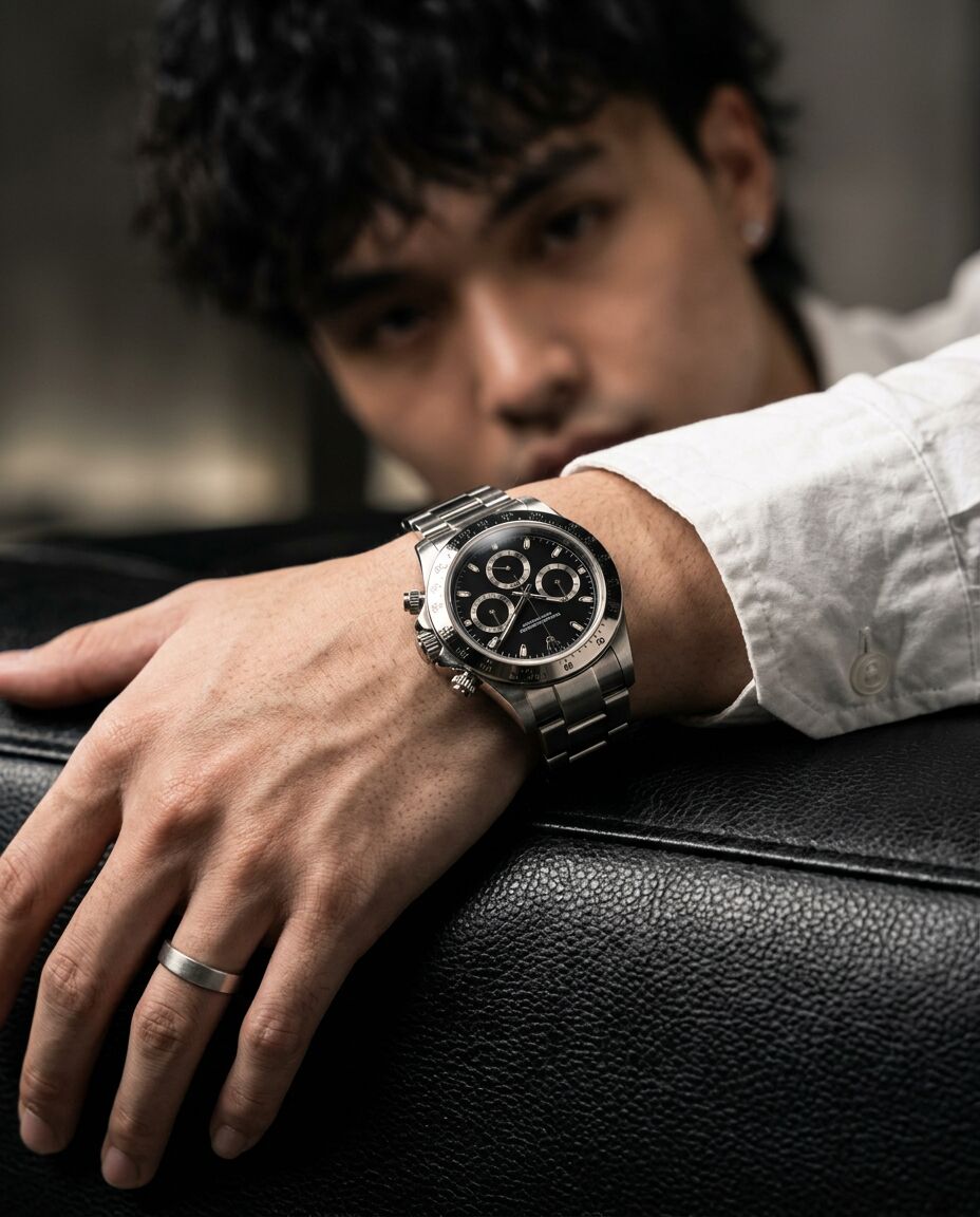 Close-up of Kimchi's wrist wearing a stainless-steel black-dial chronograph, resting on black leather